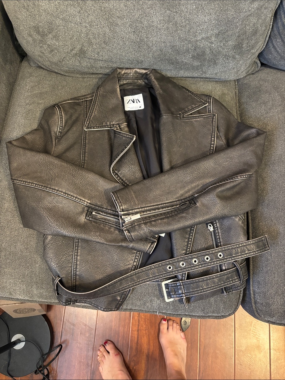Zara Black Faux Leather Belted Moto Jacket
